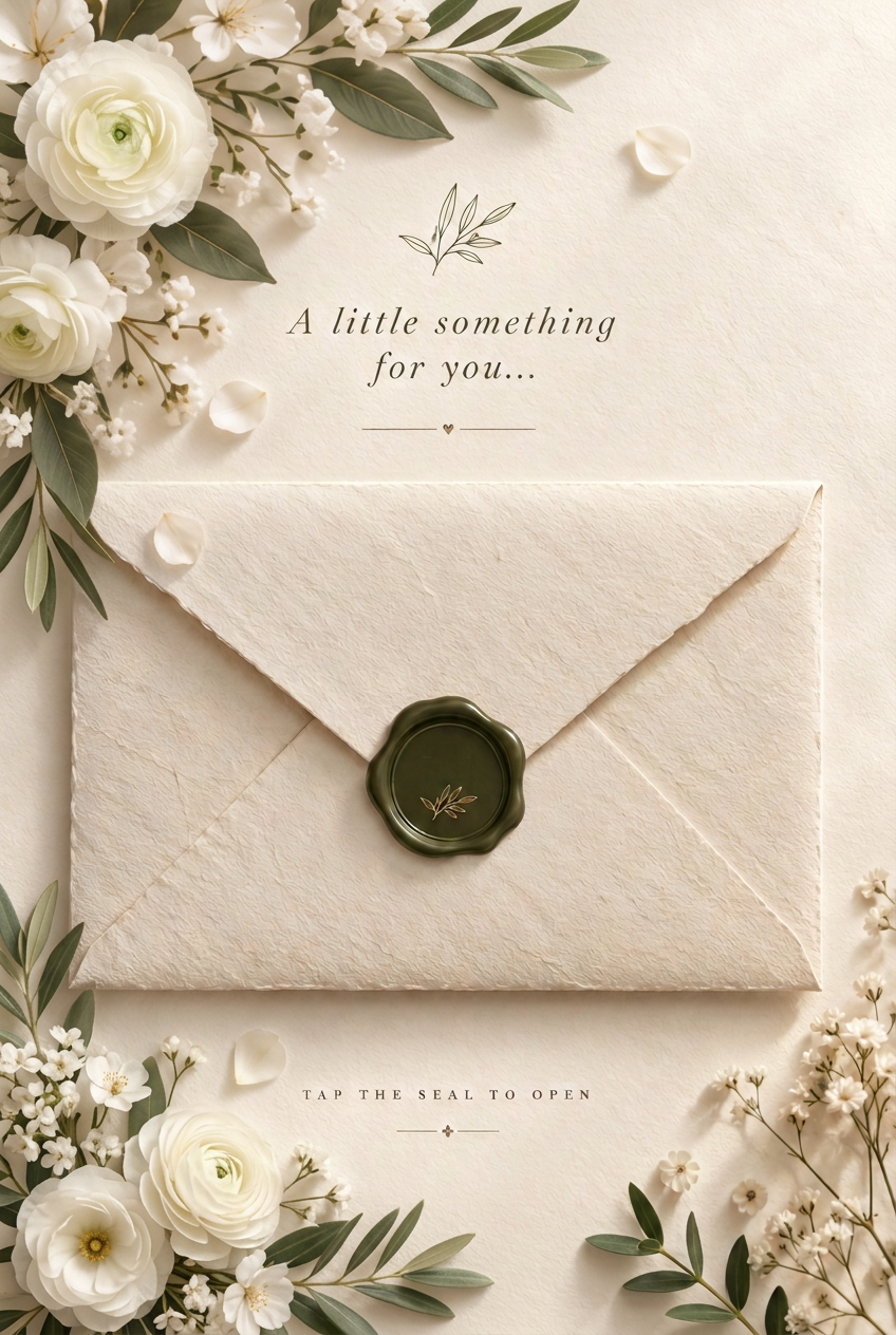 A handmade ivory envelope with botanical flowers and a wax seal